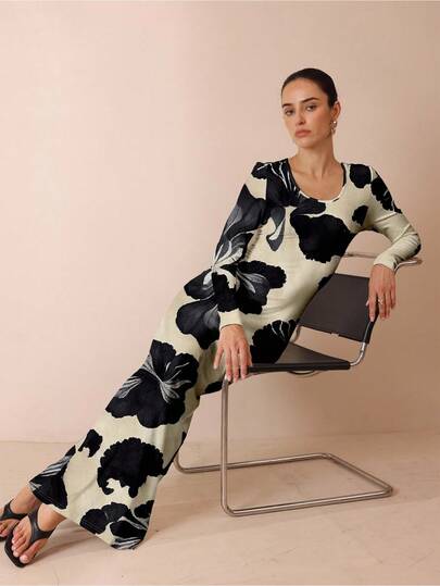  Glamance Shutterstock Morelowy kwiatowy nadruk, swobodna, elegancka, dopasowana, elastyczna sukienka, odpowiednia na co dzień, do pracy, na wyjście, do biura, w podróż, na imprezę, randkę, na jesienne/zimowe wyjścia. Jesienna, elegancka sukienka, szykowna, stylowa kolekcja ubrań