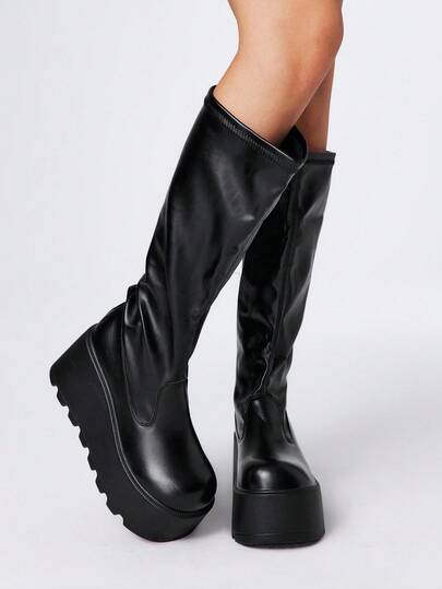 Grunge Punk Botas de plataforma de puntera redonda elástica nuevas de 2025 para mujer, botas de montar de media pantorrilla de moda para exteriores con cierre de slip-on