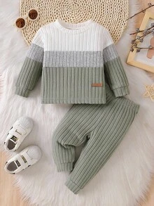SHEIN Playful Pals 2pcs/Set Baby Boy Sage Green Autumn Modest Family Matching Outfit Colorblock Long Sleeve Sweatshirt And Solid Pants Casual Fall Winter Clothes Set - Multicolor - View 3