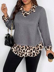 EMERY ROSE Plus Size Women Casual Printed 2 In 1 Shirt - Grey - View 1