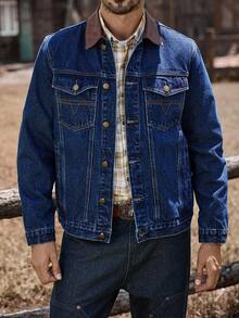 Manfinity Nomadique 男士休闲街头风刺绣贴袋抗皱耐穿蓝色牛仔夹克，秋季款