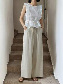 Easowa 女士休闲抽绳腰斜口袋裤女棉质裤子夏季亚麻裤女阔腿裤女阔腿裤 - 杏色 - 查看 3