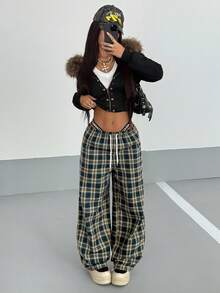 SHEIN PETITE Women's Plaid Drawstring Waist Straight Leg Pants, Autumn - Navy Blue - View 6