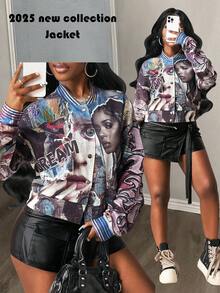 Slaydiva 2025秋冬新款 生日派对,学院风,学生装,日常出游,基础百搭,休闲,度假,邮轮,沙滩,海边,日光浴,网红风,街头风,机车风,夜店风,棒球领,长袖,纽扣可开,酷女孩印花,秋冬飞行员夹克,女士夹克 - 彩色 - 查看 2