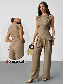 SHEIN Tall Khaki Minimalist Elegant Casual Commute Office Outfit: Sleeveless Asymmetric Ruched Waist Women's Blouse + Regular Ruched Wide Leg Women's Pants, Linen Commute Suit, Beach Outfits For Women, Airport Outfit, Vacation Outfits, Teacher Outfit,Elegant Women's Set,Brown ,Casual And Simple - Khaki - View 7