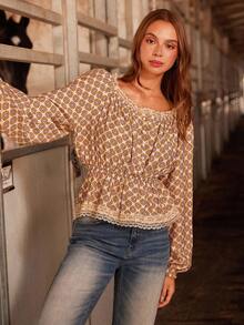 WESTFADE Floral Scoop Neck Long Sleeve Peplum Button Front Top Cute Fall Top For Women Country Concert - Yellow - View 1