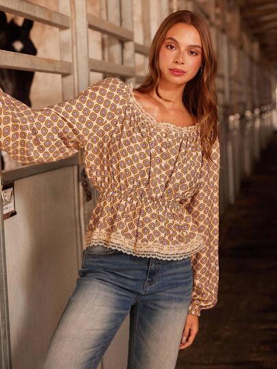 WESTFADE Floral Scoop Neck Long Sleeve Peplum Button Front Top Cute Fall Top For Women Country Concert