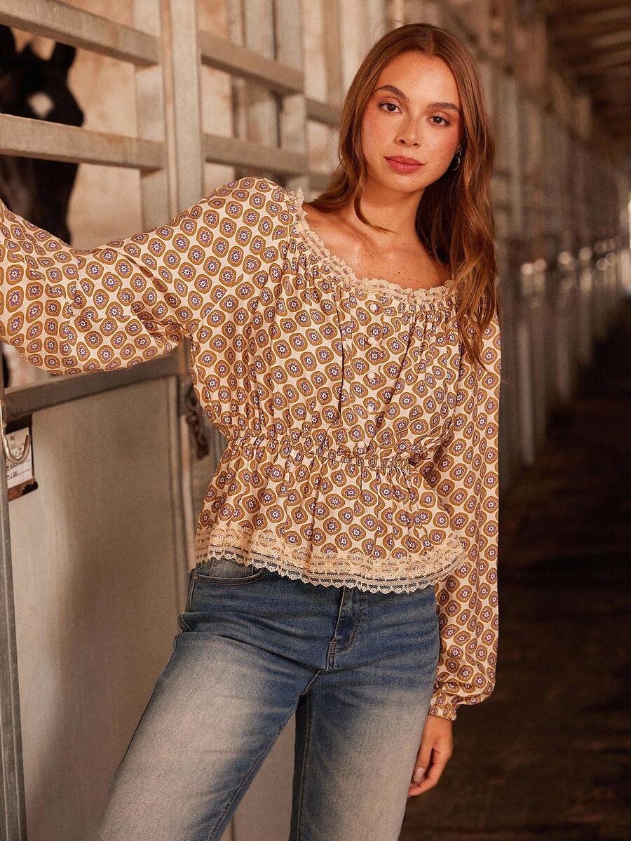 WESTFADE Floral Scoop Neck Long Sleeve Peplum Button Front Top Cute Fall Top For Women Country Concert - Yellow - View 1