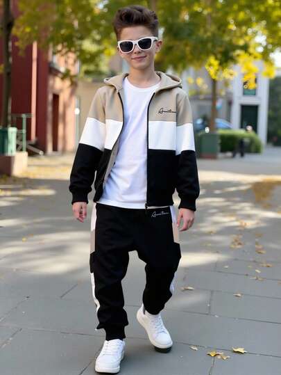 SHEIN Explorewe 2pcs/Set Young Boy's Collegiate Style Color Block Letter Print Zip-Up Hoodie And Sweatpants Set, Spring/Autumn Fall Winter
