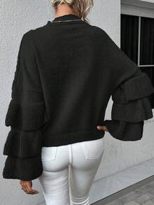 EMERY ROSE Women's Solid Color Round Neck Flare Sleeve Loose Casual Sweater, Autumn - Black - View 2