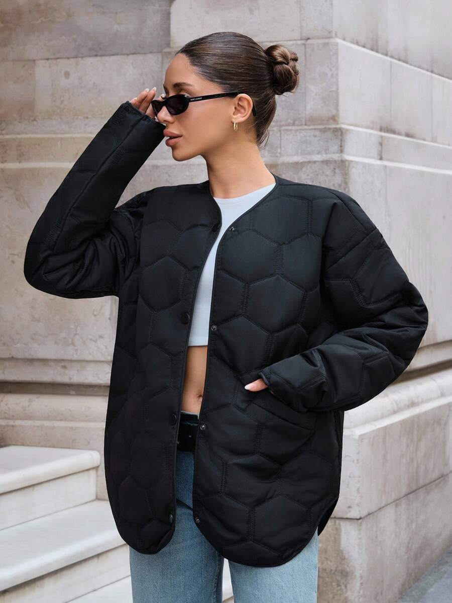 EURMUSE Short Winter Coat With Quilting Details, Two Pockets Button Front Fashionable Padded Coat - Black - View 1