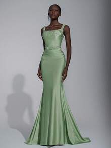 Elitara 优雅的橄榄绿色细肩带方领重饰褶饰腰部鱼尾连衣裙，适合约会、度假、毕业典礼、婚礼、正式活动 - 草綠色 - 查看 7