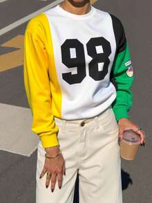 SHEIN MOOSTA Áo nỉ tay dài tay dáng rộng, phối màu, in khẩu hiệu, kiểu dáng mùa thu. - Nhiều màu - Xem 7