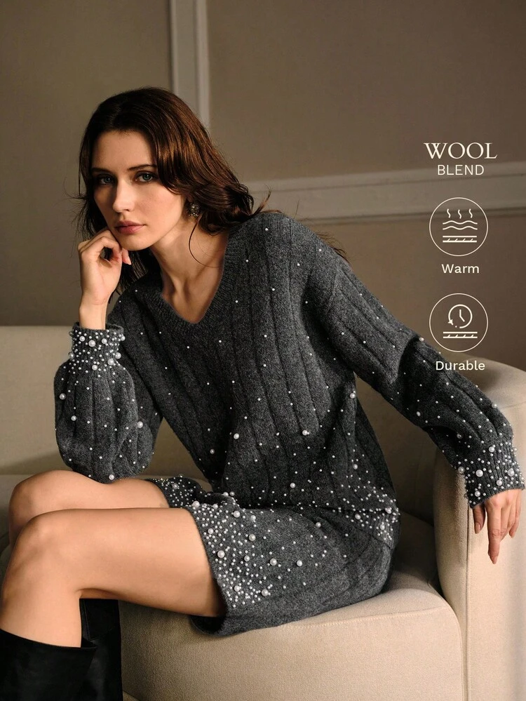 FAUX PEARL RIB-KNIT TOP & SKIRT SWEATER SET