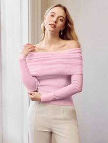 MOTF PREMIUM SUÉTER DE PUNTO ACANALADO CON HOMBROS DESCUBIERTOS PARA OTOÑO E INVIERNO - Rosa - Ver 8