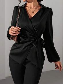EMERY ROSE Glossy Fabric Western Ins Style Side Tie & Puff Sleeve Versatile Blouse For Women