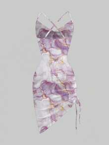 Firerie 夏季女士优雅度假紫色扎染图案垂坠领口不对称抽绳腰部迷你紧身吊带裙，适合度假、优雅约会、音乐节 - 彩色 - 查看 7