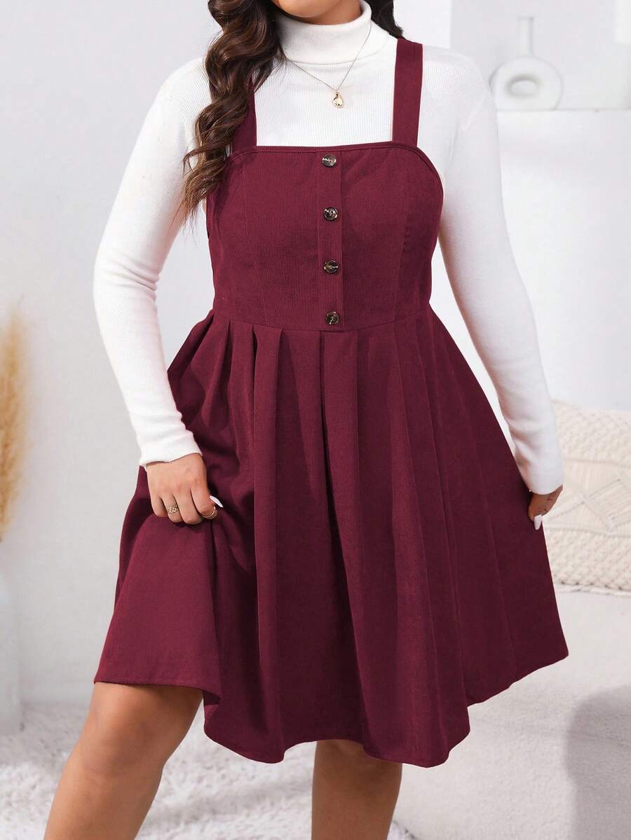 EMERY ROSE Đầm xòe xếp ly màu trơn thiết kế nút đơn giản cho nữ cỡ lớn, mùa thu - Màu Đỏ Sâu - Xem 1