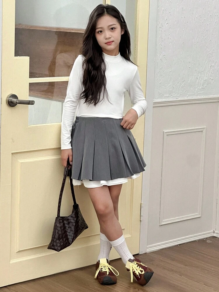 Tween Girls Turtleneck Thermal Lined Fitted T-Shirt, Versatile For Fall Long Sleeve Tops Girl