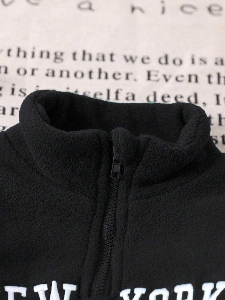 SHEIN Playful Pals Baby Boy/Girl Essential For Spring & Autumn! Pure And Fresh Style, Thick Yet Lightweight. Solid Color Half-Zip Long Sleeve Top With Embroidered Letter Decor, Showcasing Personalized And Playfulness; Paired With Solid Color Waistband-Free Long Pants, Simple Yet Fashionable. Fall Winter - Black - View 4