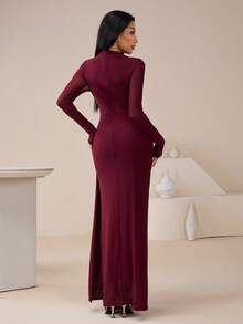 Veilorie Women's Solid Color Stand Collar Long Sleeve Pleated Fitted Elegant Mesh Arabic Dress Burgundy - Burgundy - View 4