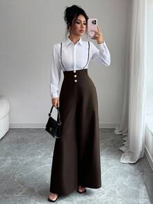 Elenzga 新款女士梭织斜纹高腰侧拉链可调节肩带休闲优雅阔腿连体裤，适合通勤和日常穿着，秋冬季款 - 棕色 - 查看 8