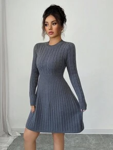 Elenzga Women's Casual Braided Knit A-Line Sweater Dress - Grey - View 5