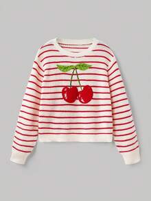 SHEIN MOD Plus Size Women's Red & White Striped Cherry Embroidery Sweater,Autumn And Winter Matching Pullover Sweater, Cute Cherry, Red And White Striped Sweater Fall