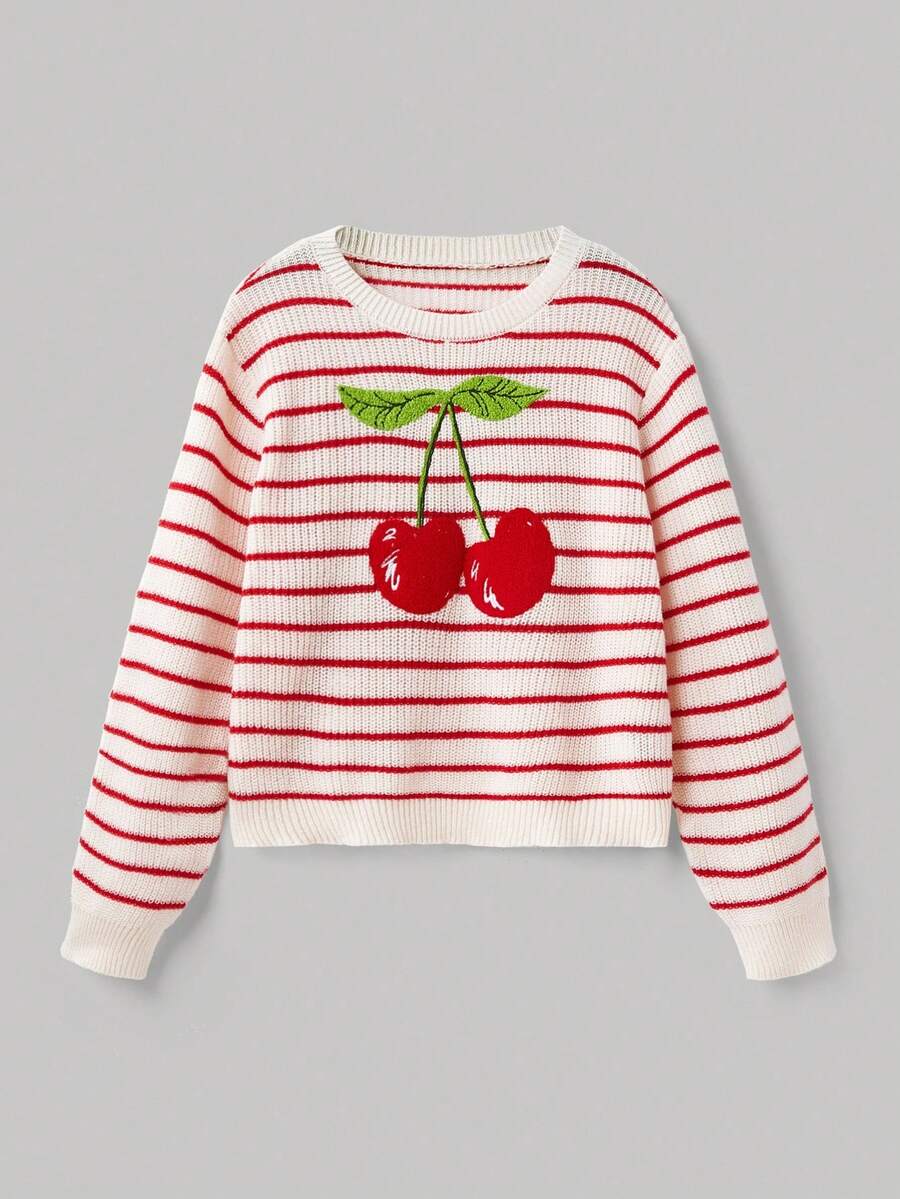 SHEIN MOD Plus Size Women's Red & White Striped Cherry Embroidery Sweater,Autumn And Winter Matching Pullover Sweater, Cute Cherry, Red And White Striped Sweater Fall