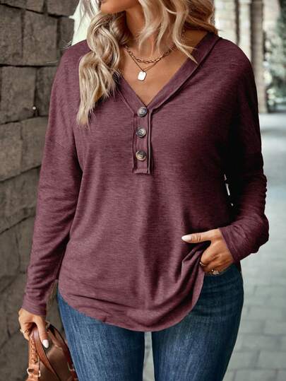 SHEIN LUNE Camisetas casuales de manga larga con cuello en V y botones de unicolor para mujer de talla grande