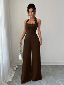 Selianne Women's Elegant Wavy Halter Wide Leg Jumpsuit, Suitable For Commuting, Dating, And Vacation - Brown - View 4