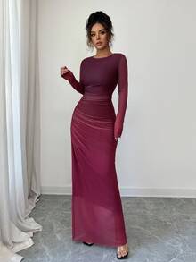 Rafferiza 女式透视网眼长袖渐变色褶饰紧身连衣裙，休闲日常/沙滩/居家/办公室连衣裙 - 酒紅色 - 查看 6