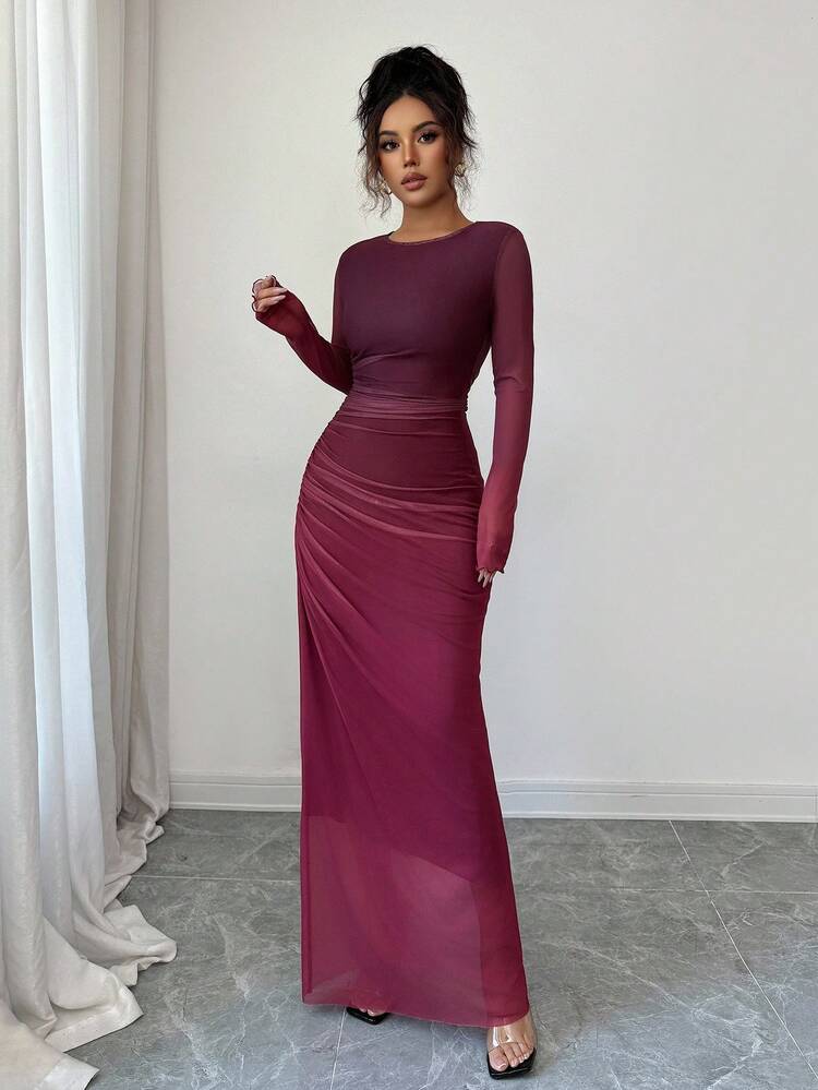 Rafferiza 女式透视网眼长袖渐变色褶饰紧身连衣裙，休闲日常/沙滩/居家/办公室连衣裙 - 酒紅色 - 查看 6