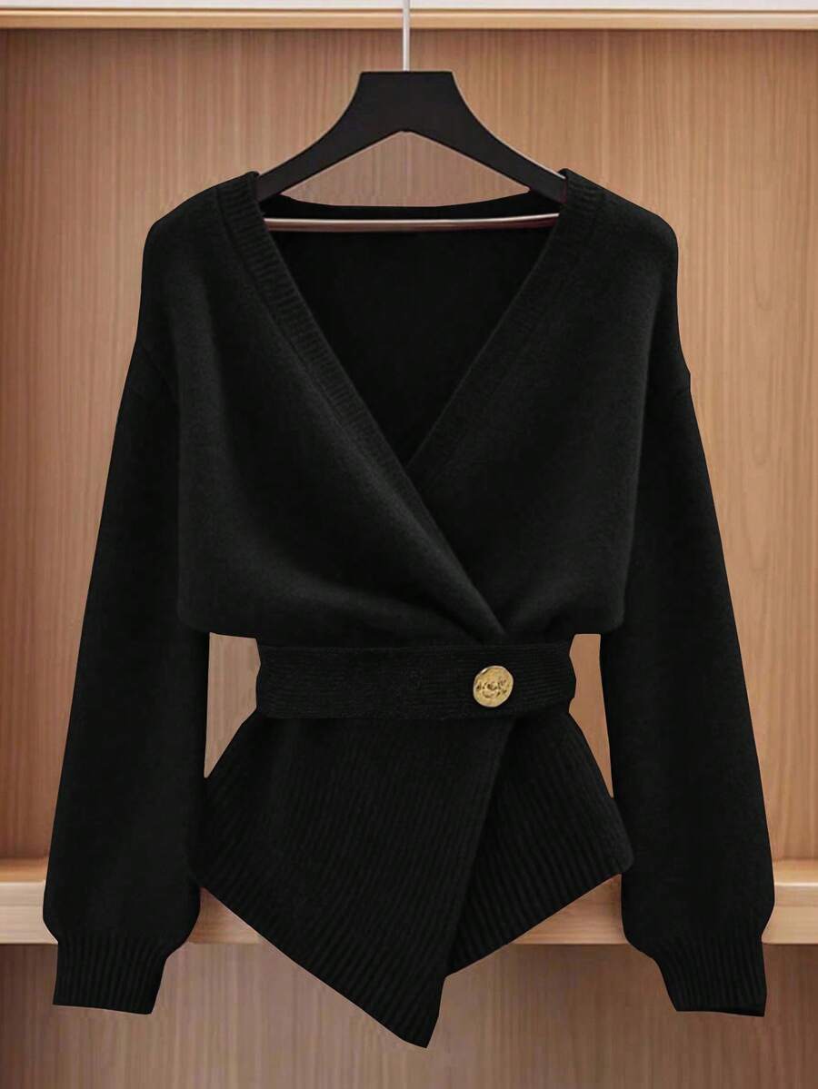 Women's Fashionable Elegant Solid Color Wrap Cardigan - Black - View 1