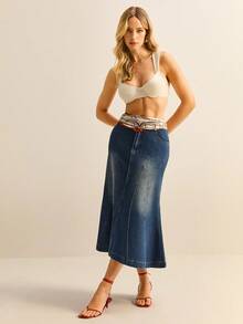 Daynim 女士休闲牛仔纽扣 A 字裙，百搭日常穿着 - 中等水洗藍 - 查看 6