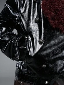 Bloopia Subculture Punk Rock Thời trang đường phố Thiết kế cá nhân cho nữ Thu/Đông Halloween Đinh tán Kim loại Trang trí Da giả Da PU Cổ áo lông thú giả Áo khoác dáng rộng - màu đen - Xem 8