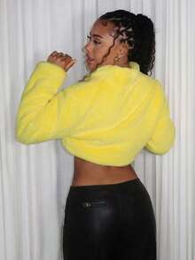 Y2K Amplova Casual Yellow Long-Sleeved Stand-Up Collar Chest Pu Leather Strap Sexy Super Short Women Faux Fur Coats In Fall/Winter - Yellow - View 2