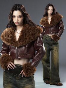 Bloopia Retro American Mirage Sexy Lady Thời trang giản dị tối giản dành cho nữ cổ chữ V sâu, cổ lông giả, tay dài, áo khoác da PU có khóa kéo, thích hợp cho mùa thu/đông và Halloween - màu nâu - Xem 1