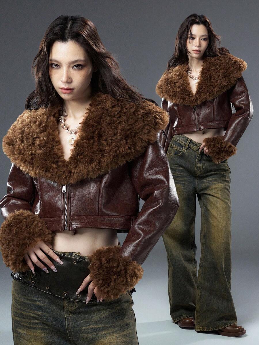 Bloopia Retro American Mirage Sexy Lady Thời trang giản dị tối giản dành cho nữ cổ chữ V sâu, cổ lông giả, tay dài, áo khoác da PU có khóa kéo, thích hợp cho mùa thu/đông và Halloween - màu nâu - Xem 1