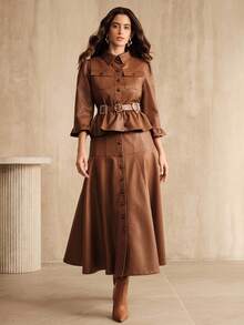 Anewsta Falda acampanada con pliegues nueva para mujer, elegante estilo callejero para conciertos - Caqui - Ver 6