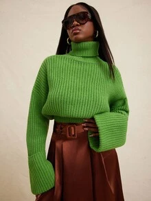 NYA SZN 长袖高领露脐上衣，宽松罗纹针织面料，弹力收腰设计，日常休闲街头风，简约大方，商务休闲，适合办公室、教师、返校季、秋冬季穿着，通勤、节日等场合皆宜，女士必备。 - 綠色 - 查看 3