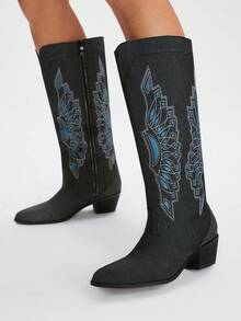 Styleloop Botas de tacón grueso con punta puntiaguda, con cremallera, decoradas con bordados y tachuelas, adecuadas para festivales, exteriores, festivales de música, Halloween, Navidad y fiestas