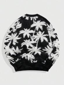 ROMWE MEN Men's Casual Coconut Tree Pattern Crew Neck Long Sleeve Sweater, Autumn/Winter - Black and White - View 2