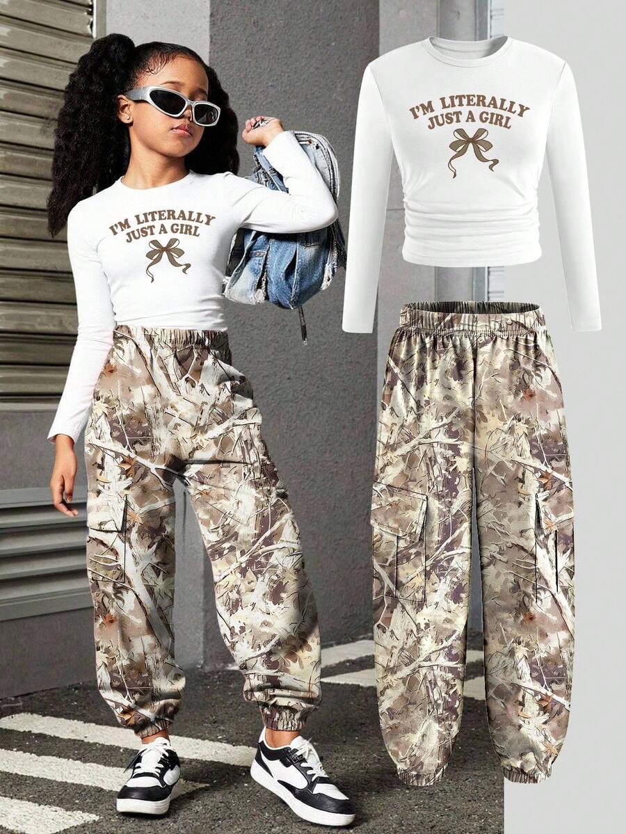 Sparklyn 2pcs Set Bowknot Camouflage Print Casual Fashionable Outfit, Tween Girls Long Sleeve Top And Jogger Pants Set Fall Winter - Multicolor - View 1