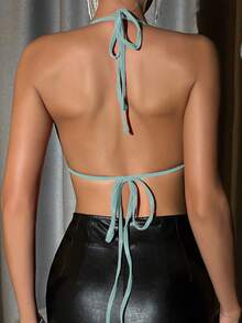 SHEIN Unity Top corto halter sin espalda con adorno de flecos con strass para ropa de fiesta de vacaciones - Azul - Ver 3