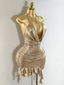 Mistrie Vestido mini dorado de cuello de capucha de mujer con Body de unicolor y metalizado