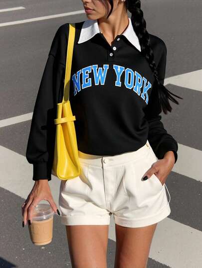 Polo Collar Drop Shoulder Letter Graphic Pullover,Long Sleeve Tops  Fall Outfit