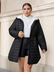SHEIN Clasi Plus Size Women's Hooded Cinched Waist Thick Black Cotton Coat,Winter,Casual,Elegant,Hiking,Black And White,Autumn,,Work Wear,Office Attire - Black - View 3