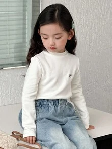 DAZY 女童圆领针织保暖内衬蝴蝶结刺绣长袖T恤，秋季款 - 白色 - 查看 1