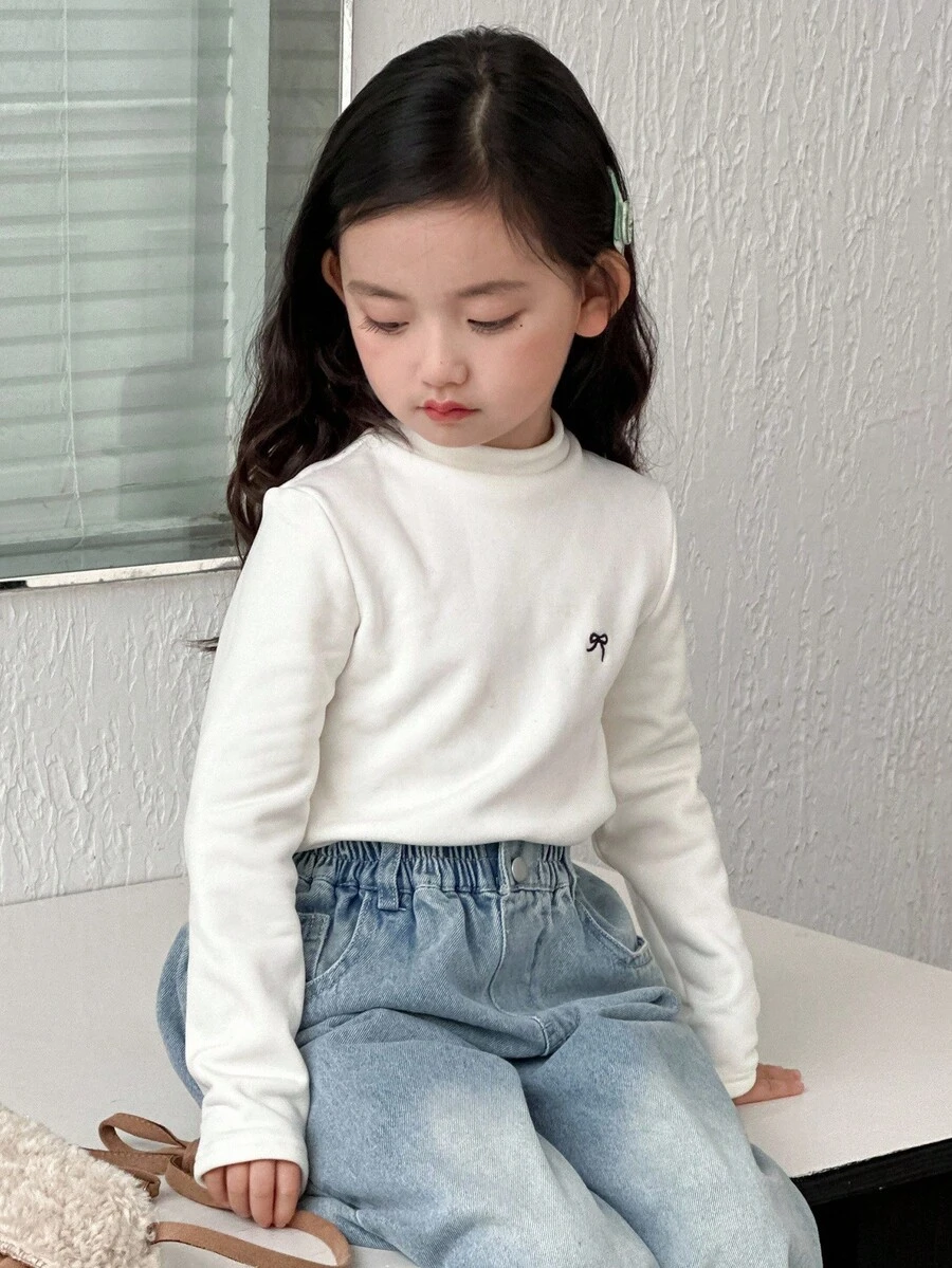 DAZY 女童圆领针织保暖内衬蝴蝶结刺绣长袖T恤，秋季款 - 白色 - 查看 1